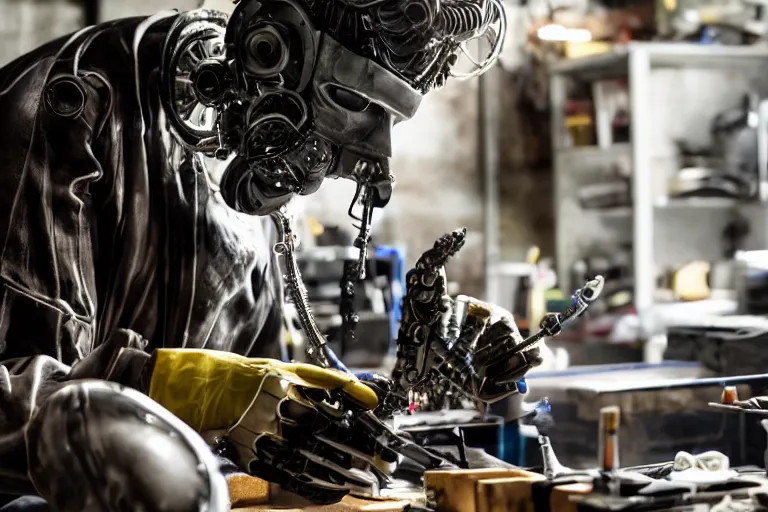 Image similar to cinematography closeup portrait of a Man soldering repairing robot parts in his garage by Neil blomkamp