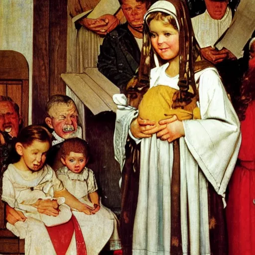 Prompt: child in church nativity play, one subject, by norman rockwell