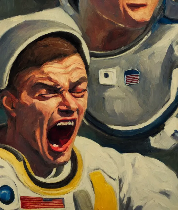 Image similar to a close up portrait painting of a man in an astronaut suit, screaming and sad, highly detailed, close up, aesthetic stars in the background, in the style of edward hopper, fine brush strokes, 4 k,