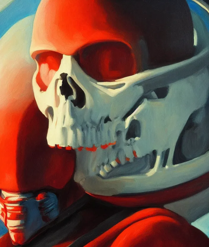 Image similar to a portrait of an astronaut with a skull head, cinematic and highly detailed oil painting by edward hopper, oil painting masterpiece, mysterious, very aesthetic, cinematic and dramatic red light, 4 k,