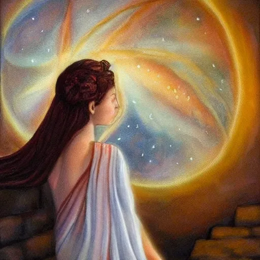 Image similar to beautiful ancient greek girl dreaming of galaxies, painting