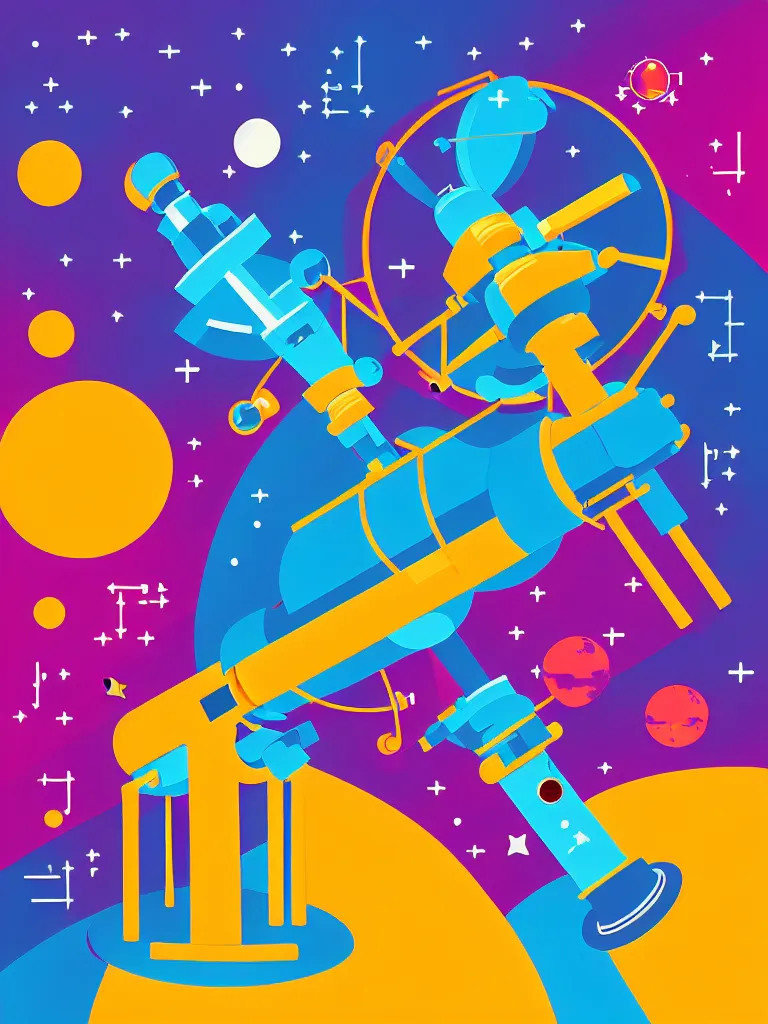 Image similar to editorial illustration scientific lab test tube telescope microscope spaceship, colorful modern, mads berg