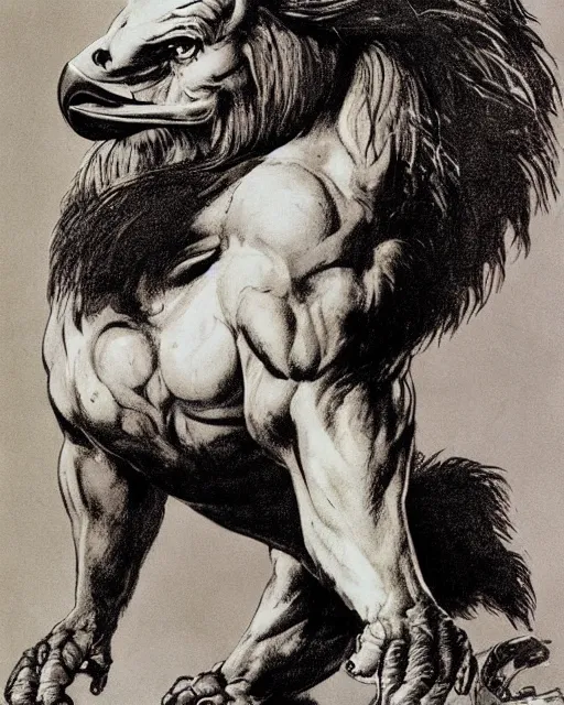 Image similar to a creature with the body and eyes of a man, with the beak of an eagle, the mane of a lion, and the horns of an ox. drawn by frank frazetta