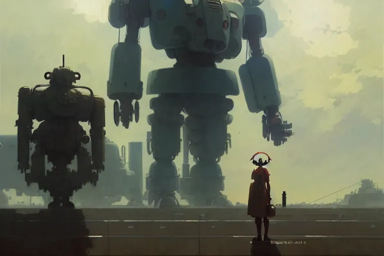 Image similar to dieselpunk, giant robot, painted by greg rutkowski makoto shinkai takashi takeuchi studio ghibli, akihiko yoshida