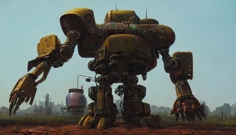 Image similar to an intricate oil painting of a giant scrap metal anime armored tank humanoid mecha with rounded components by simon stalenhag