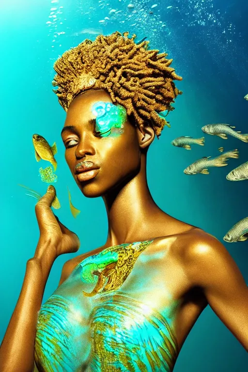 Prompt: hyperrealistic cinematic wide shot of very expressive! translucent!! african goddess, underwater scene with fish and algae, gold jewerly, highly detailed face, digital art masterpiece, eric zener cam de leon, dramatic pearlescent turquoise light on one side, low angle uhd 8 k, shallow depth of field