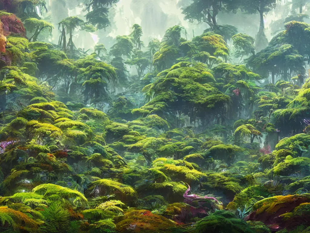 Image similar to a beautiful otherworldly fantasy landscape of dense mechanical shattered lush ferns and evergreen trees in hyper detail like the pacific northwest, vivid glowing colors, extreme detail, studio ghibli and pixar and abzu, rendering, cryengine, deep colors, aerial perspective, epic scale, vray render, cgsociety