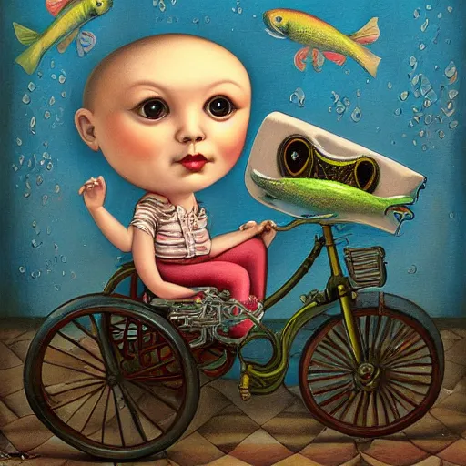 Image similar to a fish on a tricycle, lowbrow painting by mark ryden