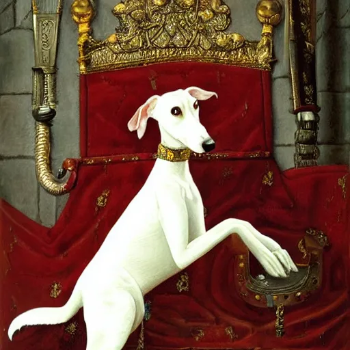 Prompt: Portrait of an anthropomorphic White Greyhound wearing a fancy crown and holding a longsword in a medieval throne room. Very high quality. Drawn by James Christensen