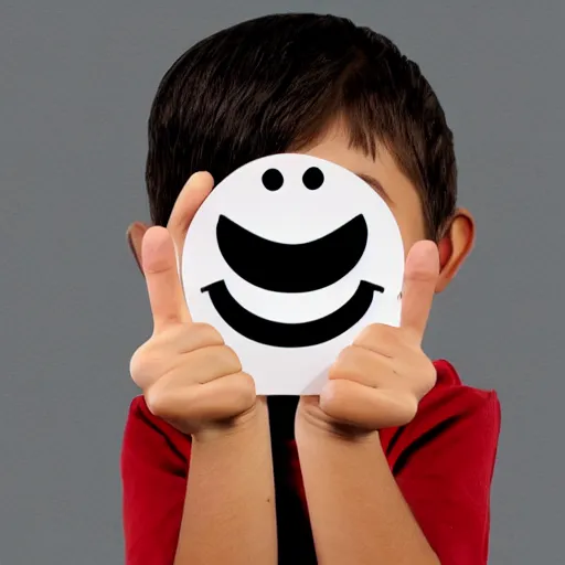 Image similar to child drawing of smiling emoji face with red eyes and thumb up.