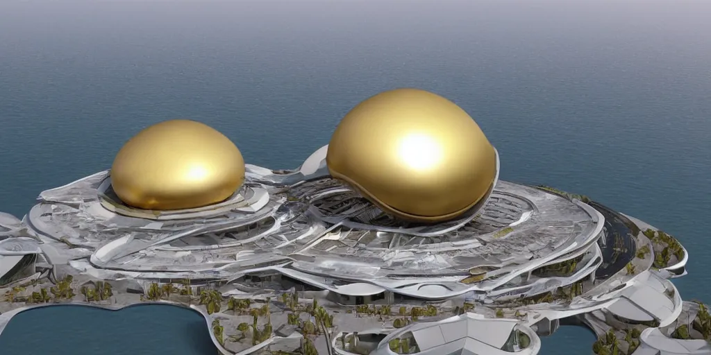 Image similar to mosque floating spaceship by zaha hadid, gold dome fantasy world