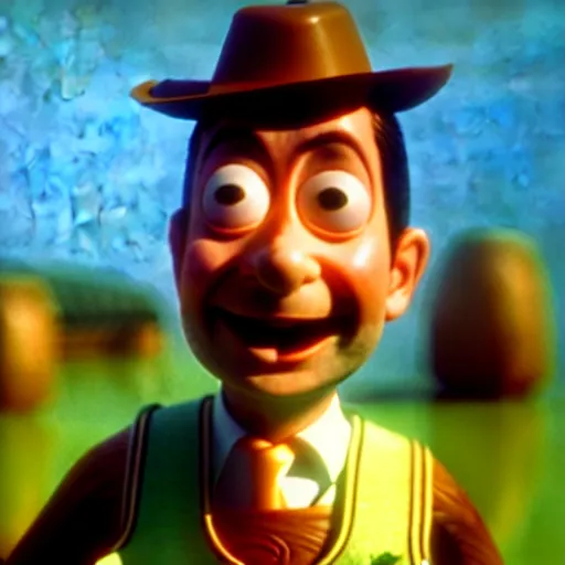 Prompt: mr. bean as woody from the toystory movie. movie still. cinematic lighting.