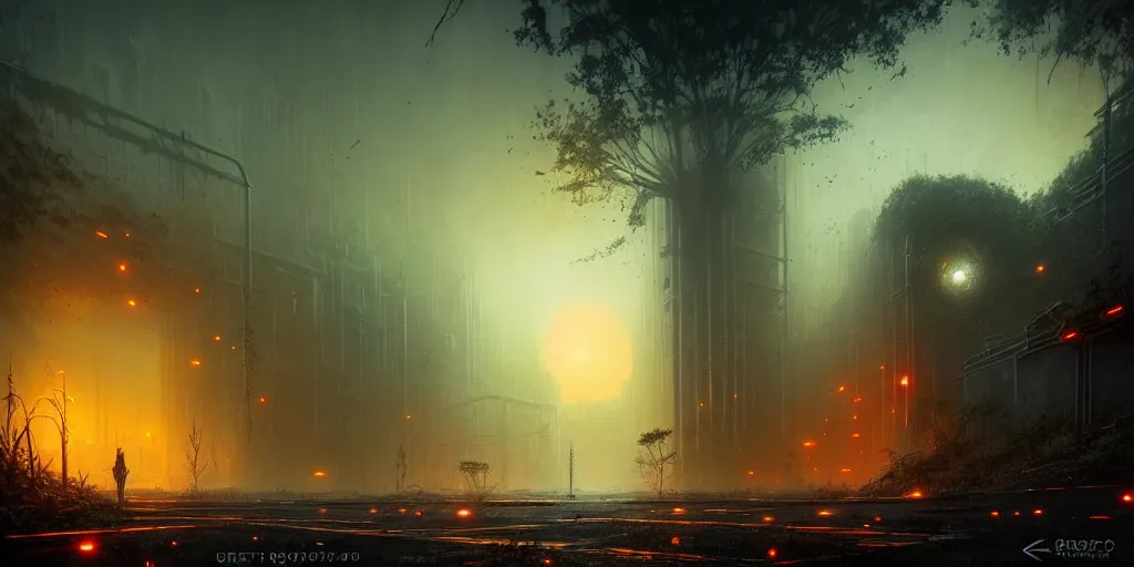 Image similar to ruins of a modern city at dusk, overgrown, cracked roads with weeds, glowing fungus, misty, glowing horizon, fireflies, ultra high definition, ultra detailed, symmetry, sci - fi, dark fantasy, by greg rutkowski and ross tran