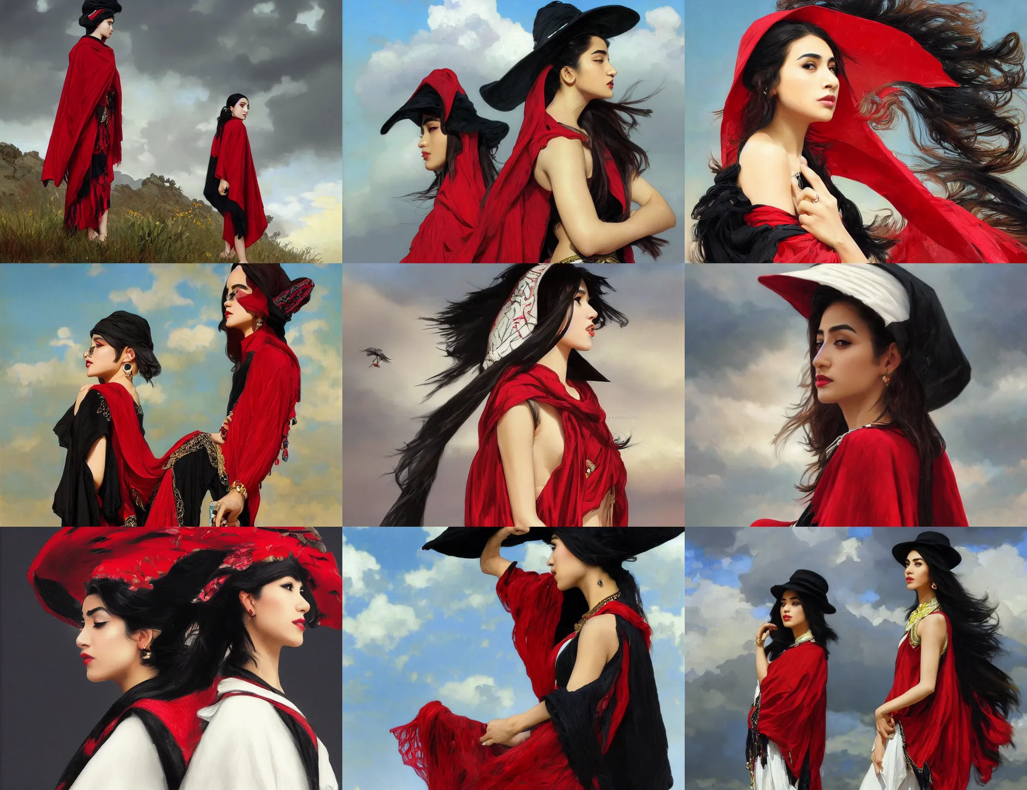 Prompt: profile side portrait of single fashionable young iranian asian girl wearing rich jewerly hat and black and red and white gold boho poncho standing on extremely strong wind in elegant decollete, low view, sitting dynamic pose, Low poly, thunder clouds in the sky, nature, illustration, intimidating lighting, incredible art by artgerm and greg rutkowski and alphonse mucha and simon stalenhag