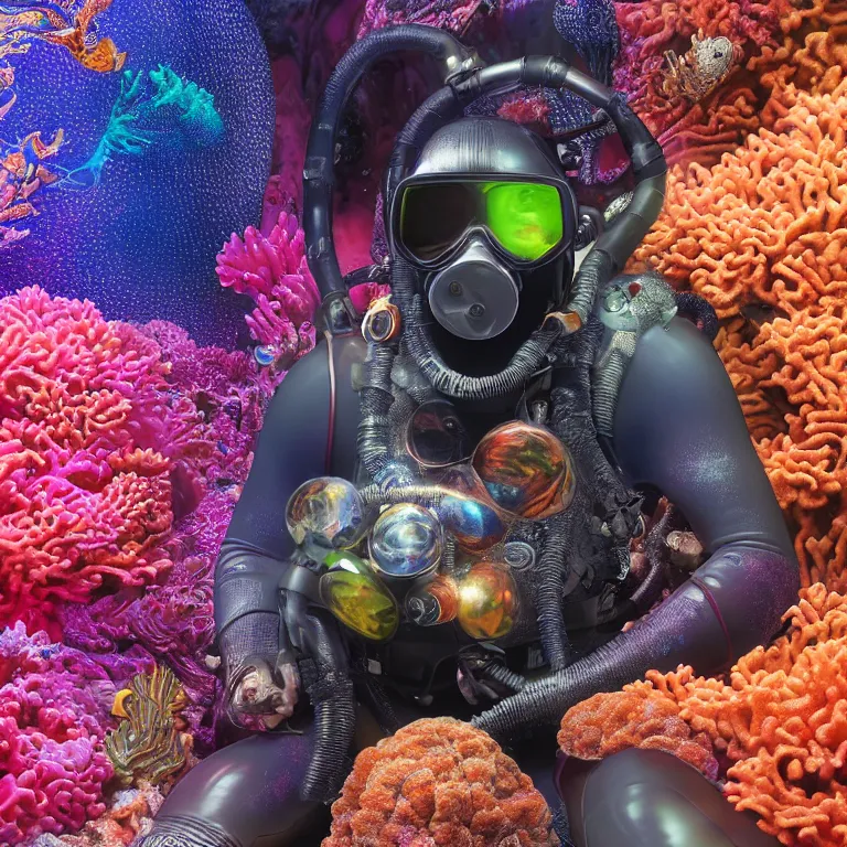 Prompt: octane render portrait by wayne barlow and carlo crivelli and glenn fabry, subject is a shiny reflective psychedelic colorful black ops scuba diver with small dim lights inside helmet, surrounded by bubbles inside an exotic alien coral reef aquarium full of exotic fish and sharks, cinema 4 d, ray traced lighting, very short depth of field, bokeh