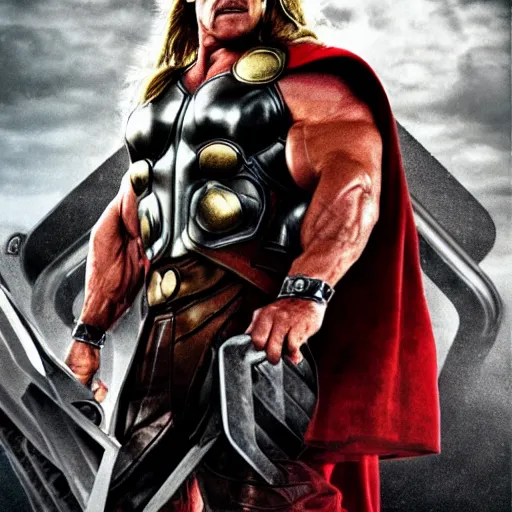 Prompt: Arnold Schwarzenegger as Thor, realistic photo portrait, movie poster