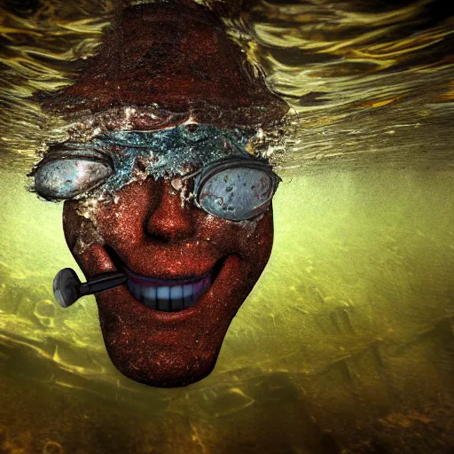 Image similar to A hyperdetailed photograph of a damaged and withered animatronic submerged under the water, HD, 8K resolution