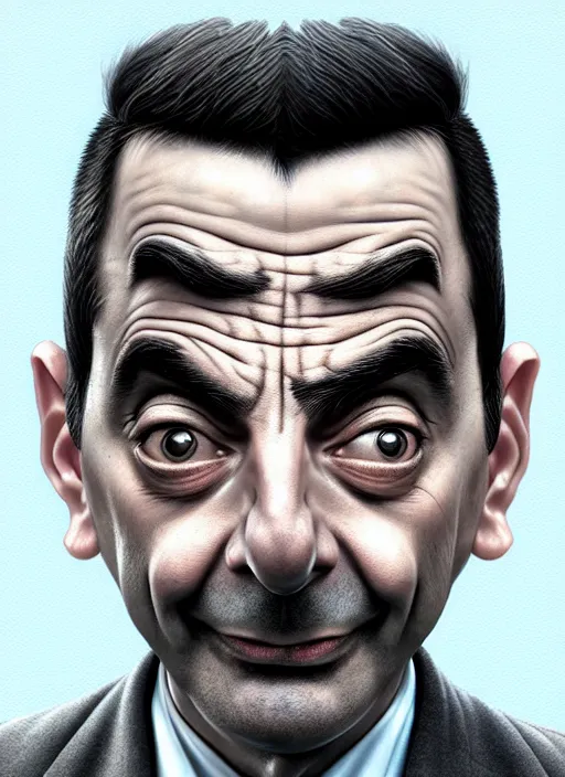 Prompt: highly detailed pencil sketch caricature portrait of mr bean gangster by ross tran, by greg rutkowski, brush strokes, 4 k resolution, light blue pastel background