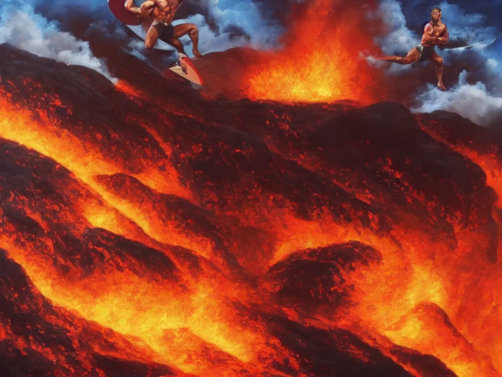 Prompt: arnold schwarzenegger surfing on lava from an erupting volcano by boris vallejo, stunning scene, 8 k, digital painting, hyperrealism, bright colors, trending on artstation