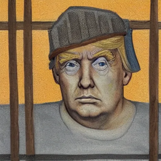 Prompt: donald trump as a prisoner behind bars in prison clothing, sad, dramatic, powerful, painted by leonardo da vinche