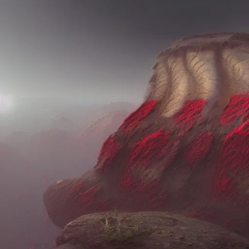 Prompt: a realistic detailed photo of canyon, alien rocks, red rain, water, alien landscape, foggy landscape, light particles, detailed light, epic, cinematic, realistic shaders, trending on realism, detailed textures, detailed, realistic.