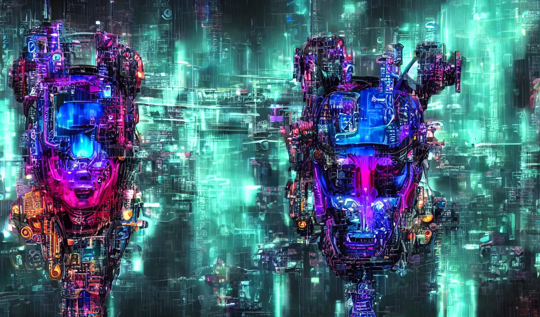 Image similar to complex cyberpunk machine background merged with evil cybernetic goat head in center focus, multicolored digital art