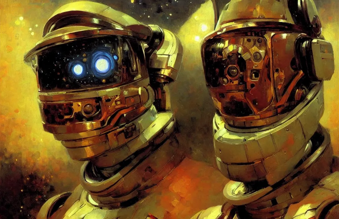 Image similar to portrait of futuristic space robot!!!!!!!!!!!!!!!!!!!!!!!!!!!, detailed face, detailed painting, epic lighting, by ilya repin, phil hale and kent williams