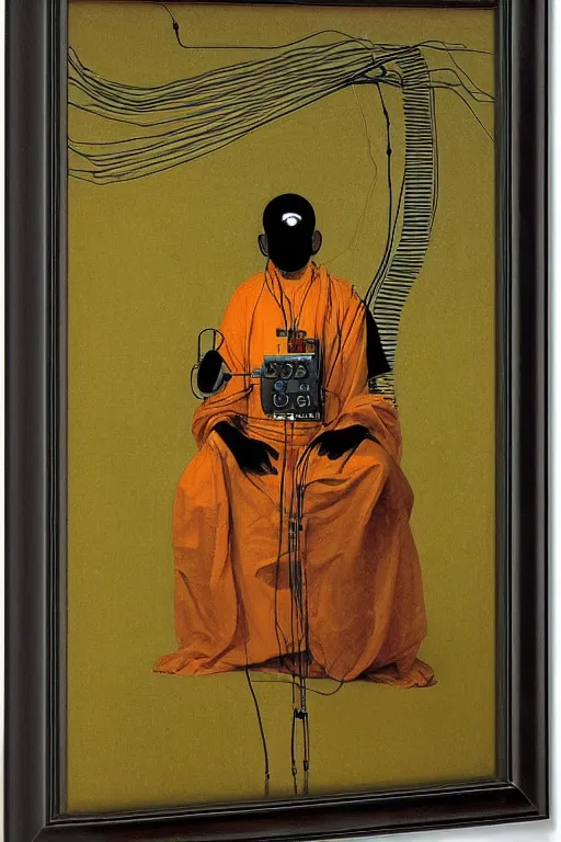 Image similar to portrait of a techno monk in orange robes with wires and circuit boards coming out of his face by francisco goya