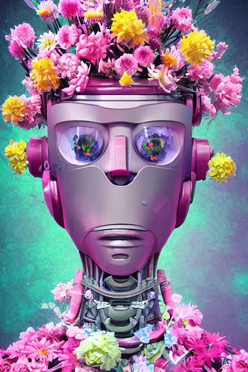 Image similar to an underwater digital painting of a robot wearing a suit made of flowers, 1965 character portrait by Fillip Hodas, cgsociety, panfuturism, made of flowers, dystopian art, vaporwave