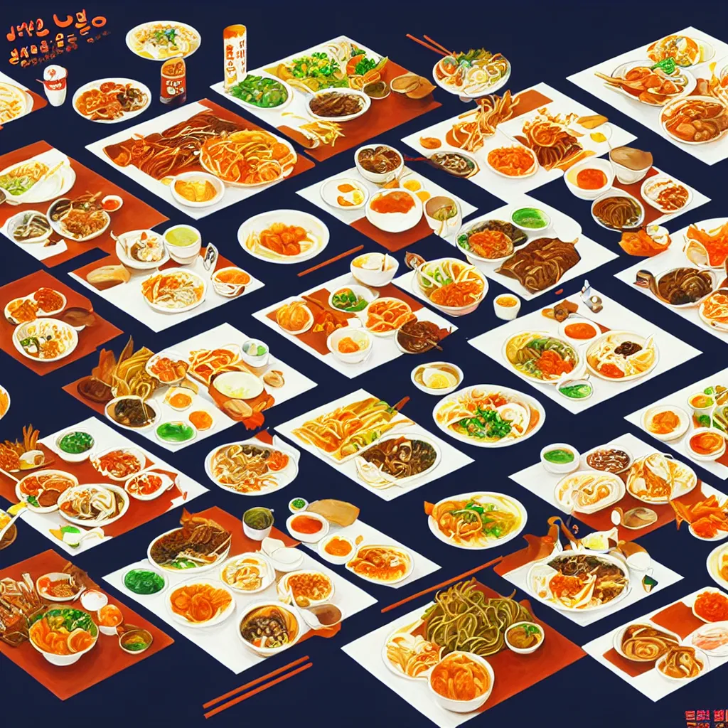 Prompt: a painting of a table full of korean foods, concept art by taro yamamoto, pixiv contest winner, auto - destructive art, official art, concept art, pixiv