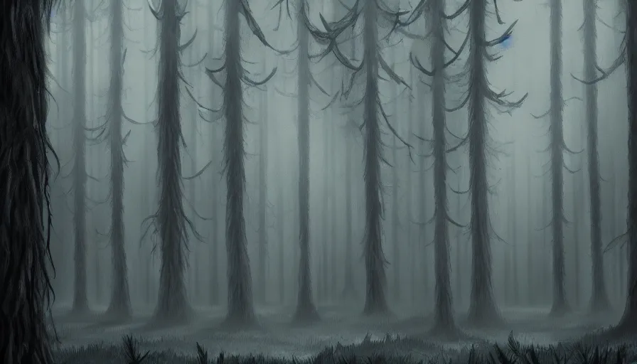 Image similar to a dark foggy forest, a very tall faceless monster standing amongst the trees, concept art, illustration, dark fantasy, high detail, trending on artstation