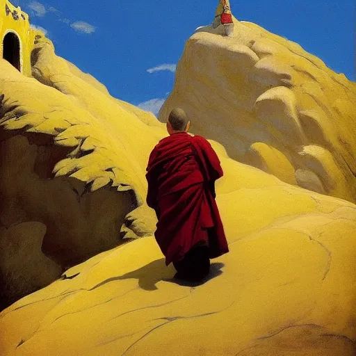 Image similar to sienna portrait of the astute monk crimson and sienna robe ascending the mountain to the monastery paro taktsang jamie wyeth james gilleard edward hopper oil painting