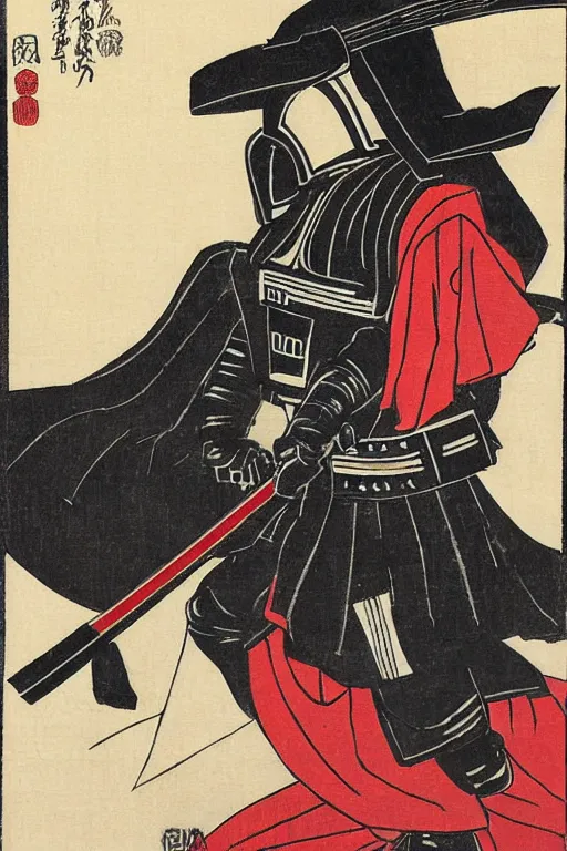 Prompt: Japanese woodblock print of Darth Vader as a samurai holding a samurai sword , Hokusai