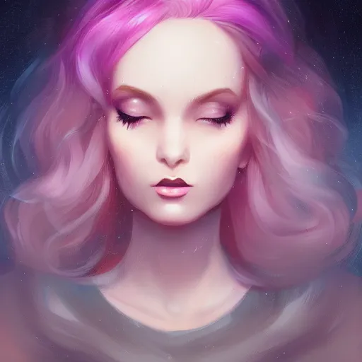 Image similar to portrait of a woman inspired by lois van baarle, charlie bowater, anna dittmann, illustration, iridescent, iridescent hair, face, hair styles, light makeup, glitter, self confidence, cinematic 8 k