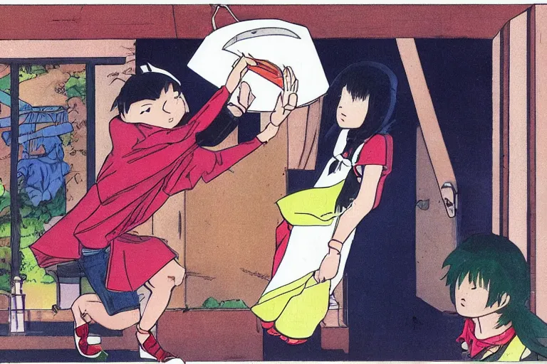 Image similar to a guy putting a dustbin over the head of a girl, in the style of Takahashi, Rumiko