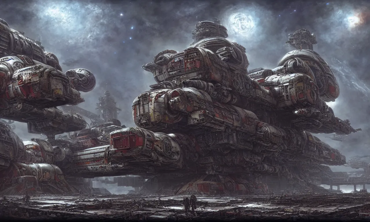 Image similar to a beautiful highly detailed matte painting of a huge derelict cargo starship, Space Hulk, WarHammer 40k by Jose Daniel Cabrera Pena and Leonid Kozienko, concept art