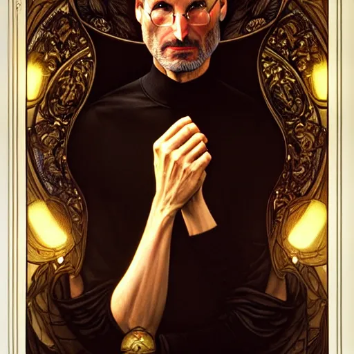 Prompt: Steve Jobs, fantasy, intricate, elegant, dramatic lighting, emotionally evoking symbolic metaphor, highly detailed, lifelike, photorealistic, digital painting, artstation, concept art, smooth, sharp focus, illustration, art by John Collier and Albert Aublet and Krenz Cushart and Artem Demura and Alphonse Mucha