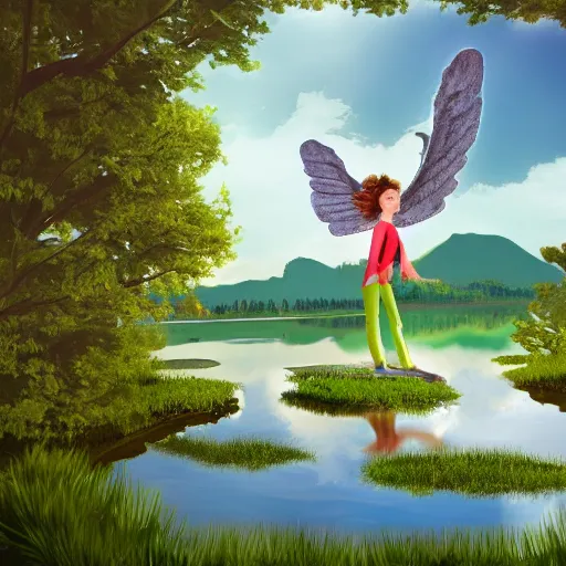 Prompt: prompt Young girl, with wings for arms, sitting at a pond, mountainous area, trees in the background, digital art