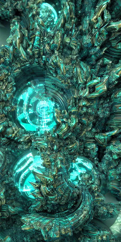 Image similar to 3 d photographic render of asymmetric mandelbulb sculpture, bioluminescent chrometype, made of liquid metal, neotribal with thorns and green thunders, cyberpunk, raytracing, hyper realistic, volumetric lightning, 8 k, by zhelong xu and ouchh studio