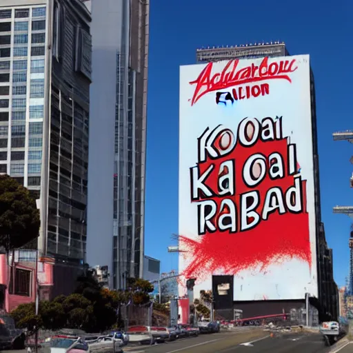 Image similar to bill board in san francisco advertising radioactive kool aid, artstation