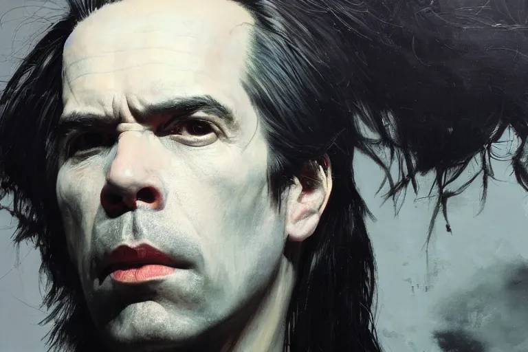 Image similar to a portrait of nick cave, masterpiece, dramatic lighting, painting by caravaggio and ruan jia and daytoner and jakub rebelka and android jones