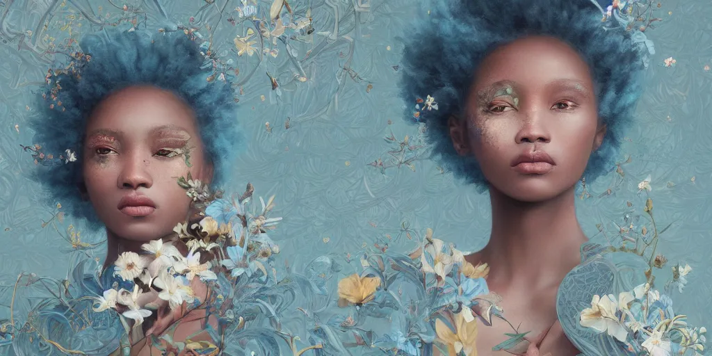 Prompt: breathtaking detailed concept art painting blend of two afroamerican goddess of light blue flowers by hsiao - ron cheng with anxious piercing eyes, vintage illustration pattern with bizarre compositions blend of flowers and fruits and birds by beto val and john james audubon, exquisite detail, extremely moody lighting, 8 k