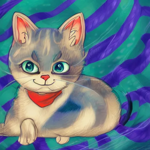 Image similar to cute blue striped cat of cheshire from alice in wonderland. an adorable cat with light blue stripes and a big playful human - like smile. award - winning digital art, trending on artstation
