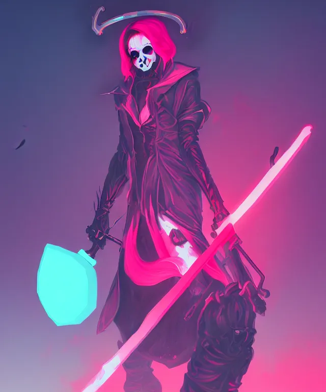 Image similar to a portrait of a neon grimm reaper holding a single scythe, fantasy, elegant, digital painting, artstation, concept art, matte, sharp focus, illustration, art by josan gonzalez