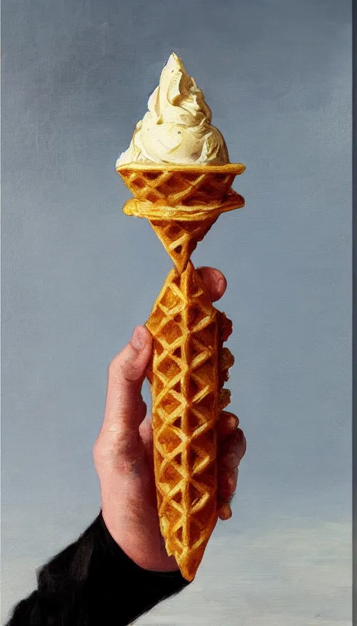 Image similar to still life painting of a hand holding a waffle cone containing 3 scoops of italian gelato by Peder Krøyer, golden hour, dramatic lighting, intricate detail, canvas print, 4k