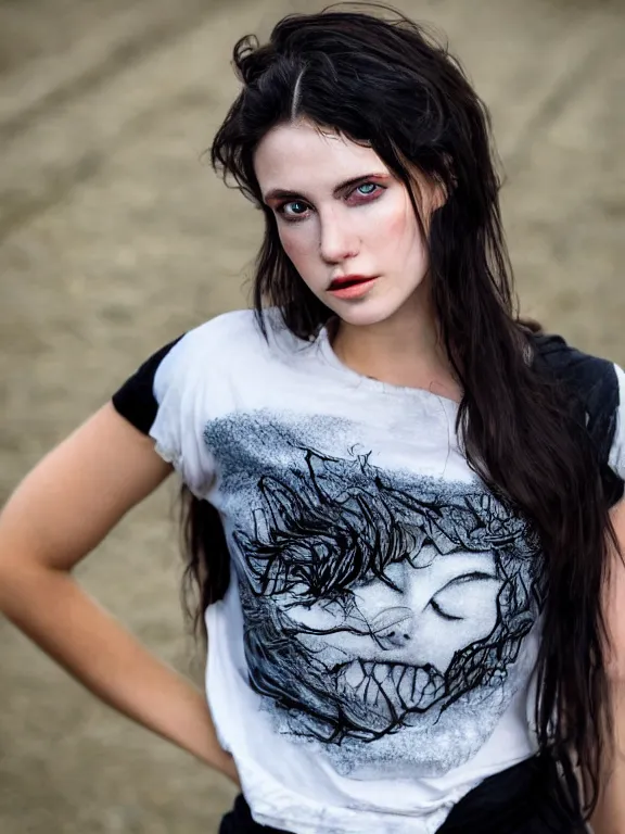 Image similar to hyperdetailed close shot of a beautiful daisy edgar - jones, brown eyes, dark hair, black makeup, skin, winds of winter, with ripped crop t - shirt with a logo, fine - face, pretty face