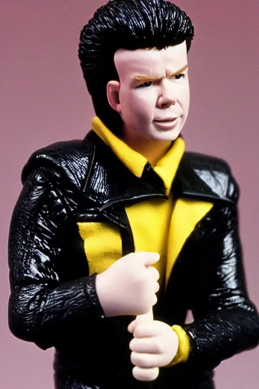 Image similar to rick astley as a 1 9 8 0 s wrestling action figure, explosion background