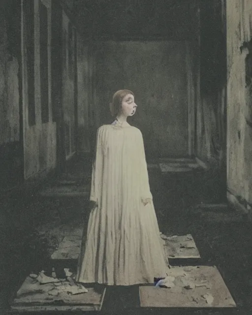 Image similar to a beautiful and eerie illustration of a pretty but horrifying young woman wearing a white dress standing in a vast and empty gallery with blood on the walls, and moonlight shining through the windows, vintage color photograph