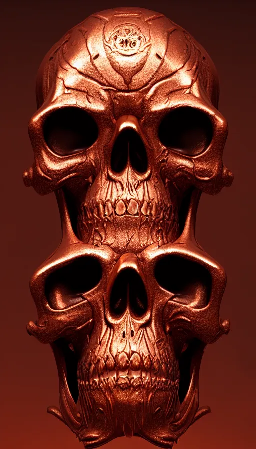 Prompt: portrait of a carved copper skull. intricate detail. melting. by Tooth Wu, wlop, beeple, dan mumford. octane render, trending on artstation, greg rutkowski very coherent symmetrical artwork. cinematic, hyper realism, high detail, octane render, 8k, depth of field, bokeh.
