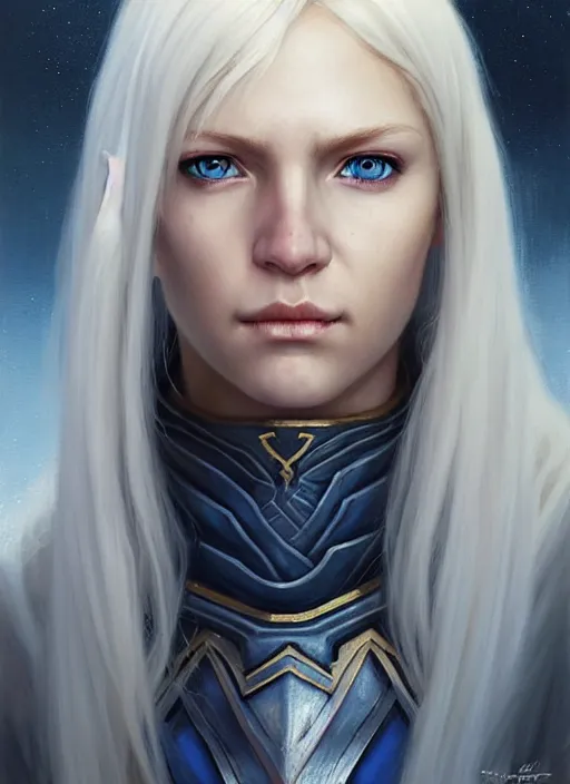 Image similar to a _ fantasy _ style _ portrait _ painting _ of shy white female paladin with blonde hair and blue eyes shy, scar under left eye, holy oil _ painting _ unreal _ 5 _ daz. _ rpg _ portrait _ extremely _ detailed _ artgerm _ greg _ rutkowski _ greg